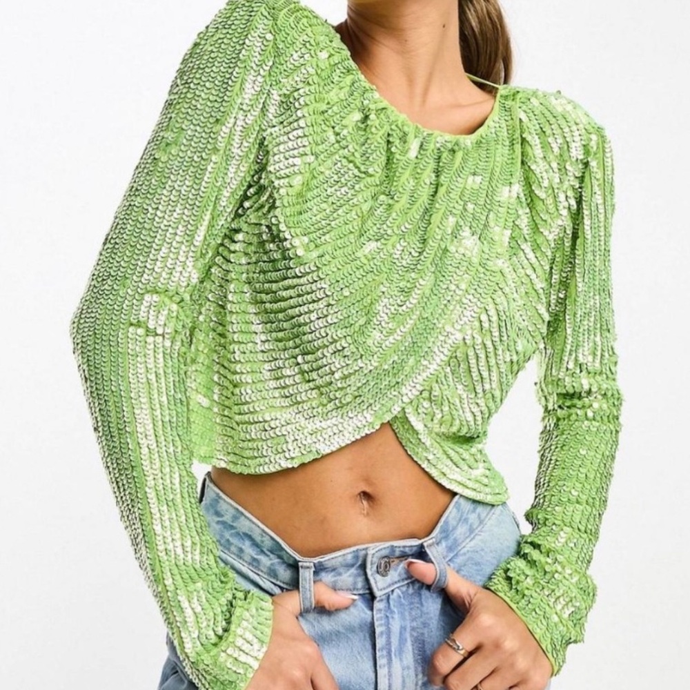 Green Sequin Long Sleeve Top